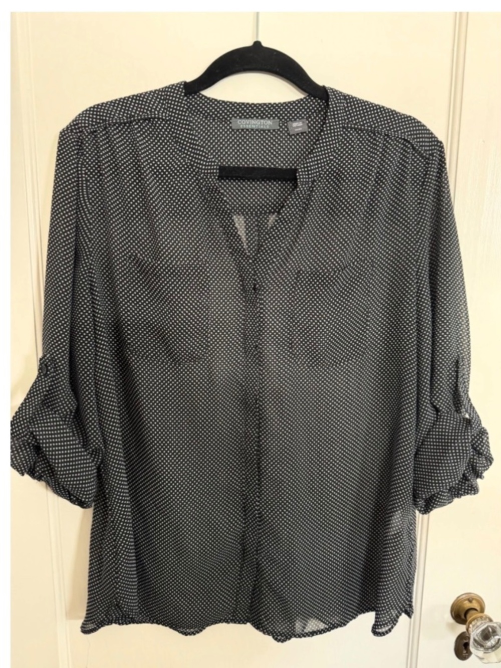 Blouse, black and white polka dots, sheer, button-up, Size XL